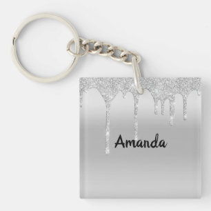 Dripping Glitter Silver Personalised Key Chain