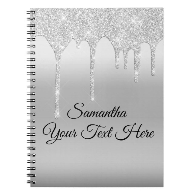 Dripping Glitter Silver Personalised Notebook (Front)
