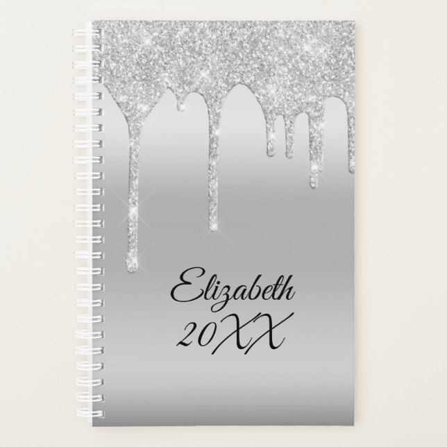 Dripping Glitter Silver Personalised Planner (Front)