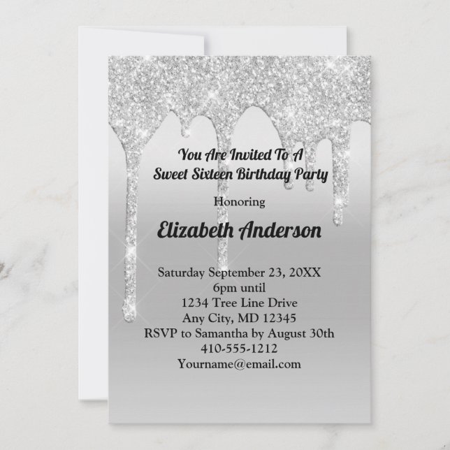 Dripping Glitter Silver Personalised Sweet Sixteen Invitation (Front)