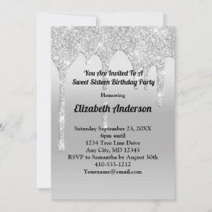 Dripping Glitter Silver Personalised Sweet Sixteen Invitation