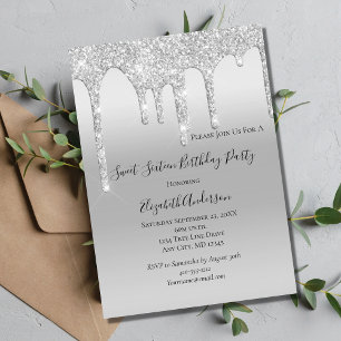 Dripping Glitter Silver Sweet Sixteen Birthday Invitation
