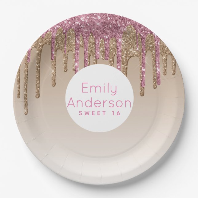 Dripping Glitter Sweet16 Rose Gold Pink 16th Party Paper Plate (Front)