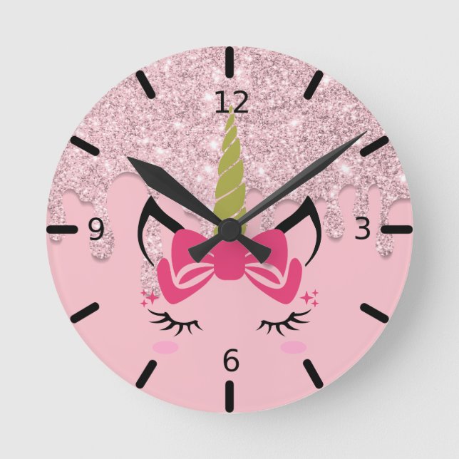 Dripping Glitter Unicorn  Round Clock (Front)