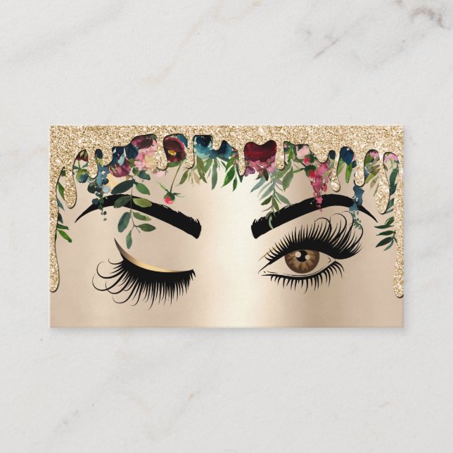 Dripping Gold Floral Makeup Wink Eye Lashes Business Card (Front)