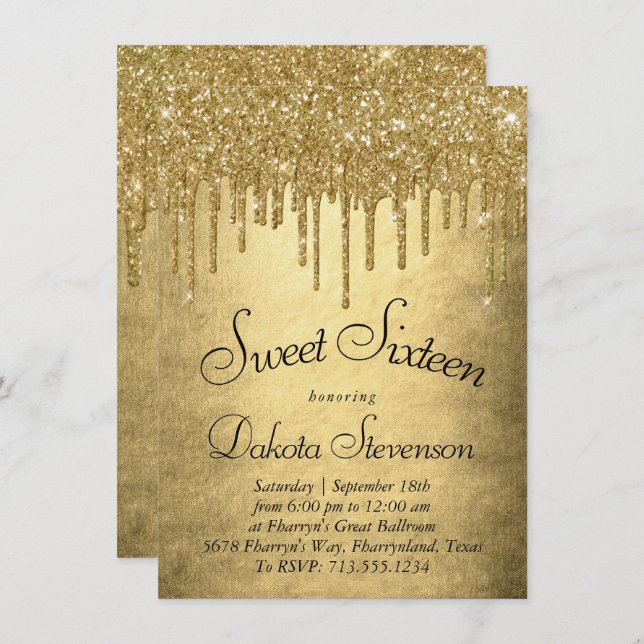 Dripping Gold Glitter | Champagne Sweet Sixteen Invitation (Front/Back)