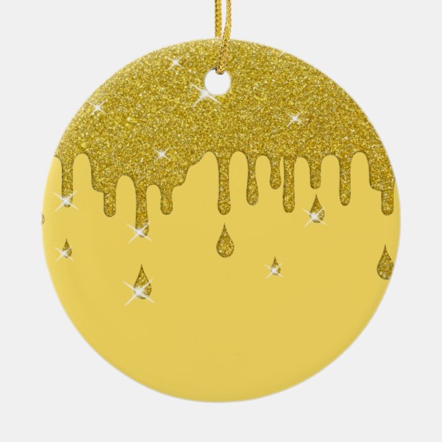Dripping Gold Glitter Effect & Sparkles Ceramic Ornament (Front)