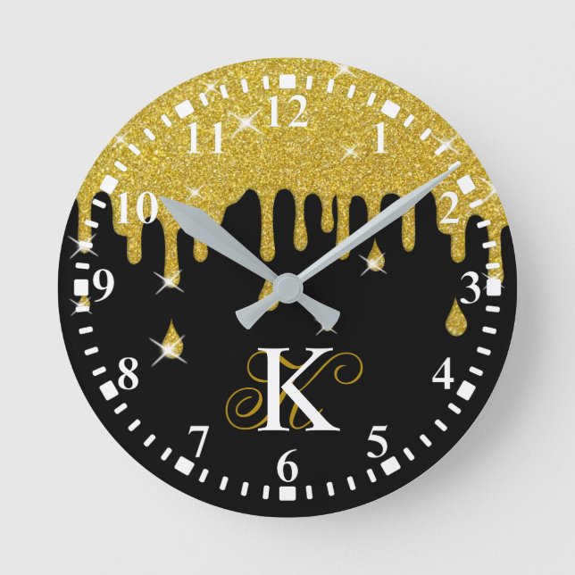 Dripping Gold Glitter Effect & Sparkles Round Clock (Front)