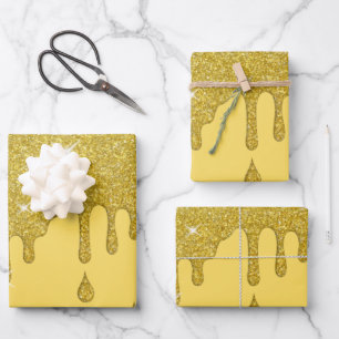 Dripping Gold Glitter Effect & Sparkles Wrapping Paper Sheet