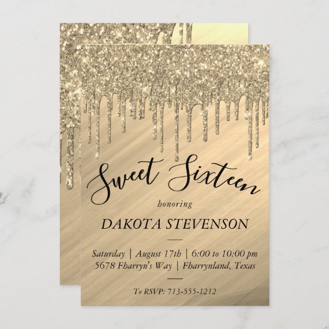 Dripping Gold Glitter | Elegant Melt Sweet Sixteen Invitation (Front/Back)
