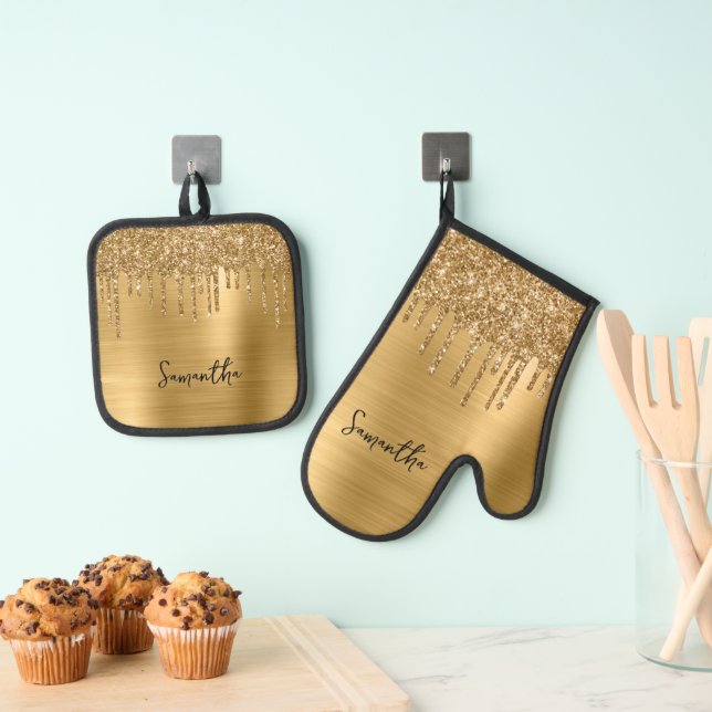 Dripping Gold Glitter Glam Name Oven Mitt & Pot Holder Set (Insitu(Hanging))