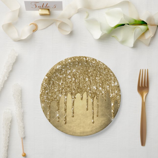 Dripping Gold Glitter | Luxe Faux Metallic Sparkle Paper Plate (Wedding)