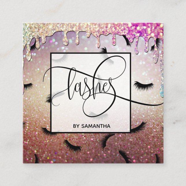 Dripping Gold Lashes Pattern Lots of Lashes Square Business Card (Front)