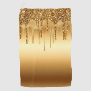 Dripping Gold Paint Glitter Accents Sparkly Art Golf Towel