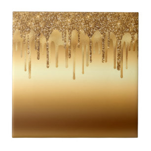 Dripping Gold Paint Glitter Accents Sparkly Ceramic Tile