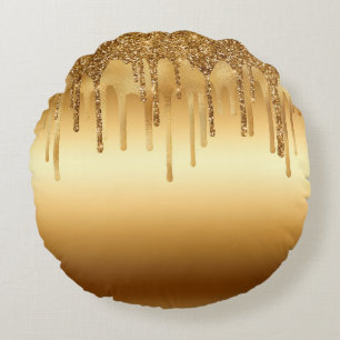 Dripping Gold Paint Glitter Accents Sparkly Round Cushion