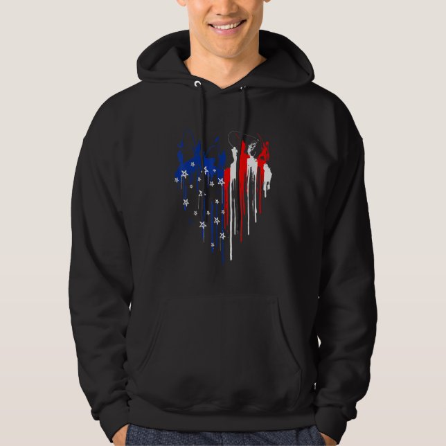 Dripping Heart American Flag Men Fishing 4th Of Ju Hoodie (Front)