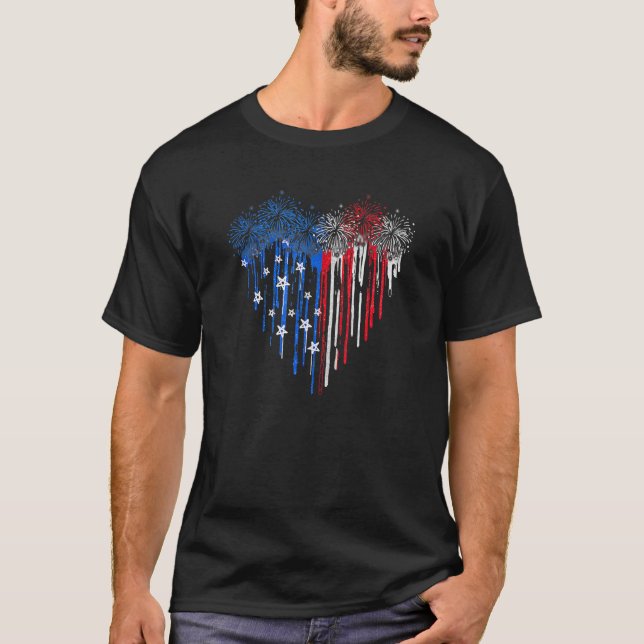 Dripping Heart Fireworks American Flag 4th Of July T-Shirt (Front)