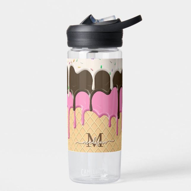 Dripping Ice Cream Sprinkles Waffle Cone Monogram  Water Bottle (Left)