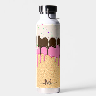 Dripping Ice Cream Sprinkles Waffle Cone Monogram  Water Bottle
