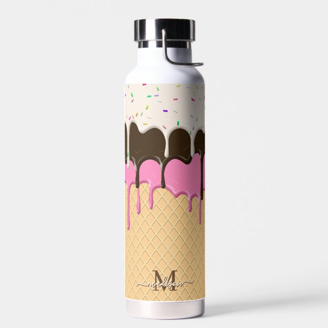 Dripping Ice Cream Sprinkles Waffle Cone Monogram  Water Bottle (Left)