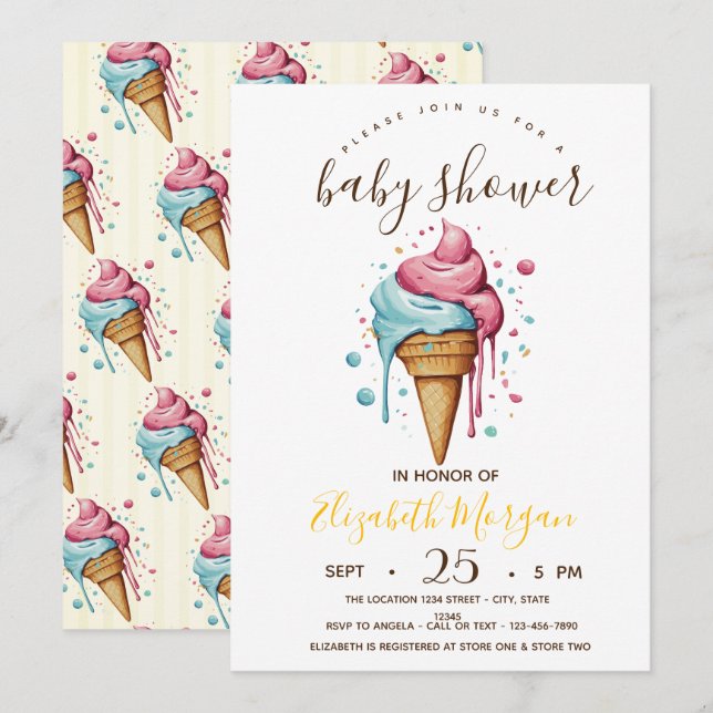 Dripping Ice creams,Yellow Stripes Baby Shower  Invitation (Front/Back)