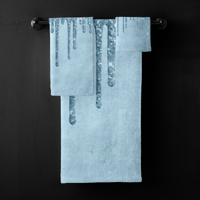 Dripping Ice Glitter | Blue Faux Sparkle Metallic Bath Towel Set (Creator Uploaded)