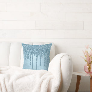 Dripping Ice Glitter   Blue Faux Sparkle Metallic Cushion