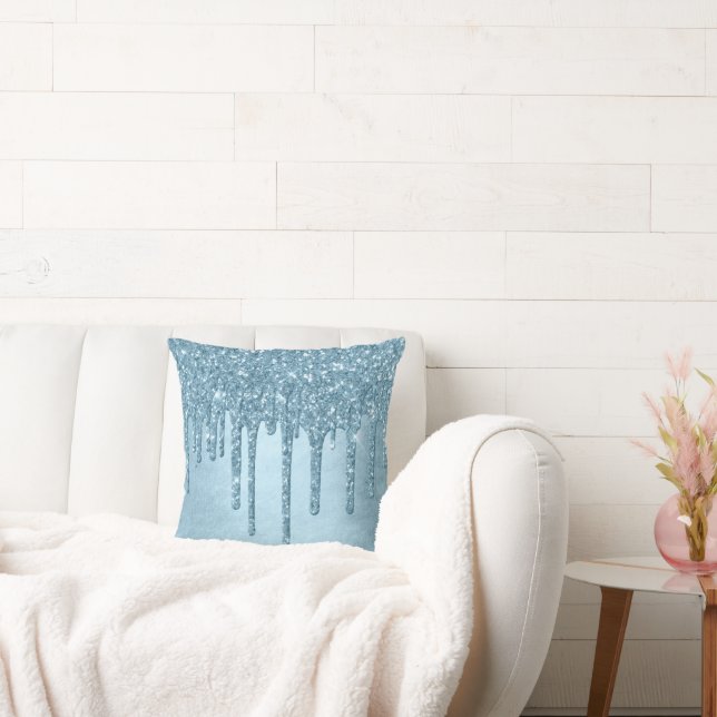 Dripping Ice Glitter | Blue Faux Sparkle Metallic Cushion (Couch)