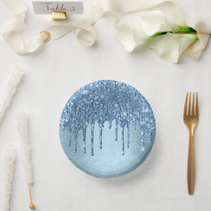 Dripping Ice Glitter   Blue Faux Sparkle Metallic Paper Plate