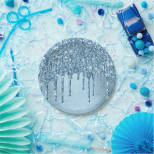 Dripping Ice Glitter   Blue Faux Sparkle Metallic Paper Plate