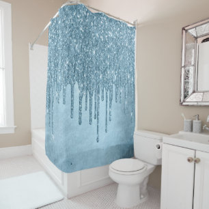 Dripping Ice Glitter   Blue Faux Sparkle Metallic Shower Curtain