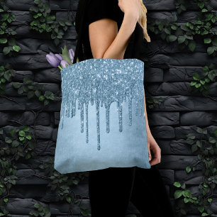 Dripping Ice Glitter Blue Faux Sparkle Metallic Tote Bag