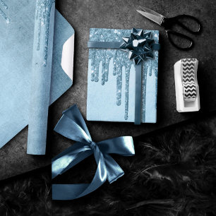 Dripping Ice Glitter   Blue Faux Sparkle Metallic Wrapping Paper
