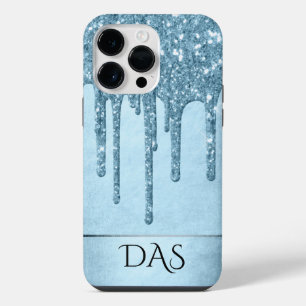Dripping Ice Glitter Blue Faux Sparkle Monogram iPhone 14 Pro Max Case
