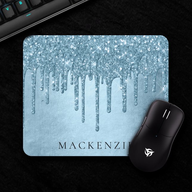 Dripping Ice Glitter | Blue Faux Sparkle Monogram Mouse Pad (Creator Uploaded)