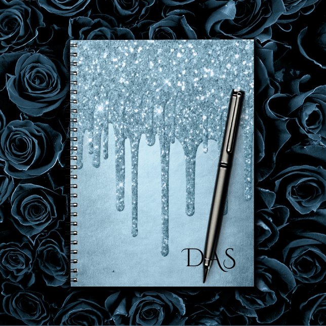 Dripping Ice Glitter | Blue Faux Sparkle Monogram Notebook (Creator Uploaded)