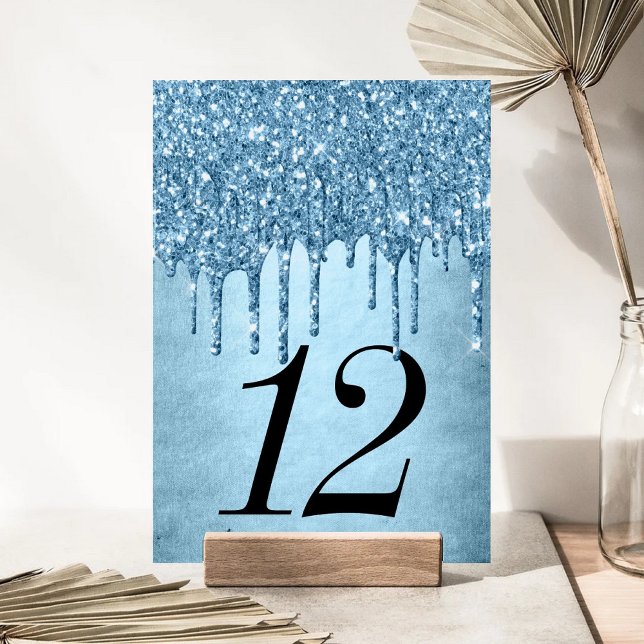 Dripping Ice Glitter | Blue Faux Sparkle Sweet 16 Table Number (Creator Uploaded)