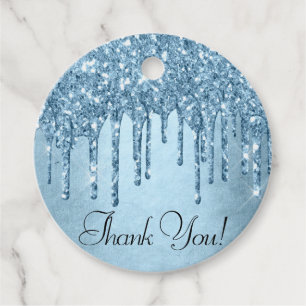 Dripping Ice Glitter Blue Faux Sparkle Thank You Favour Tags