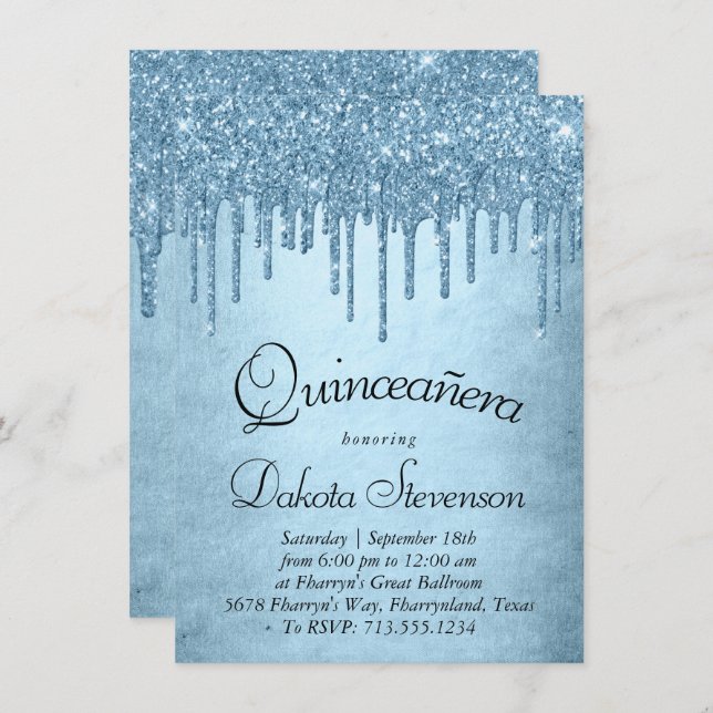 Dripping Ice Glitter | Blue Sparkle Quinceanera Invitation (Front/Back)