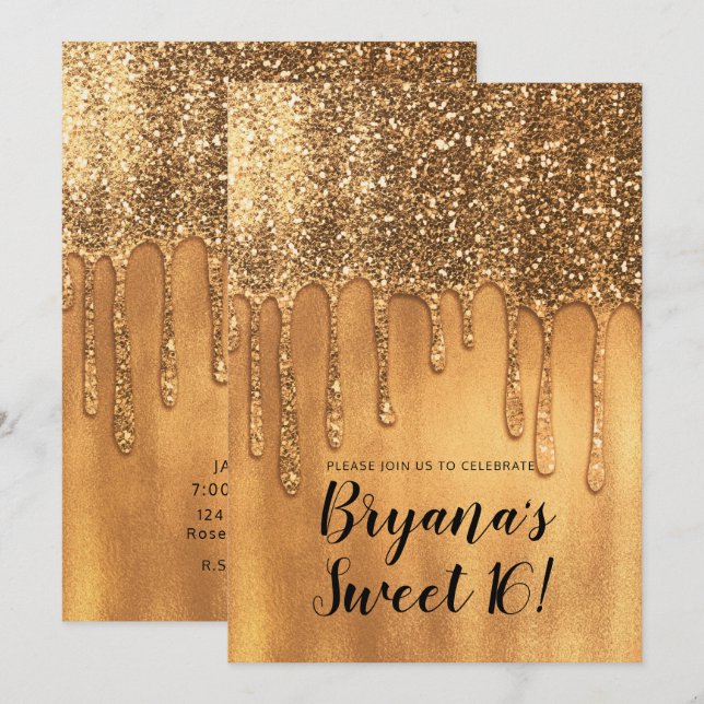 Dripping in Gold Honey Glitter Sweet 16 Party Invitation (Front/Back)