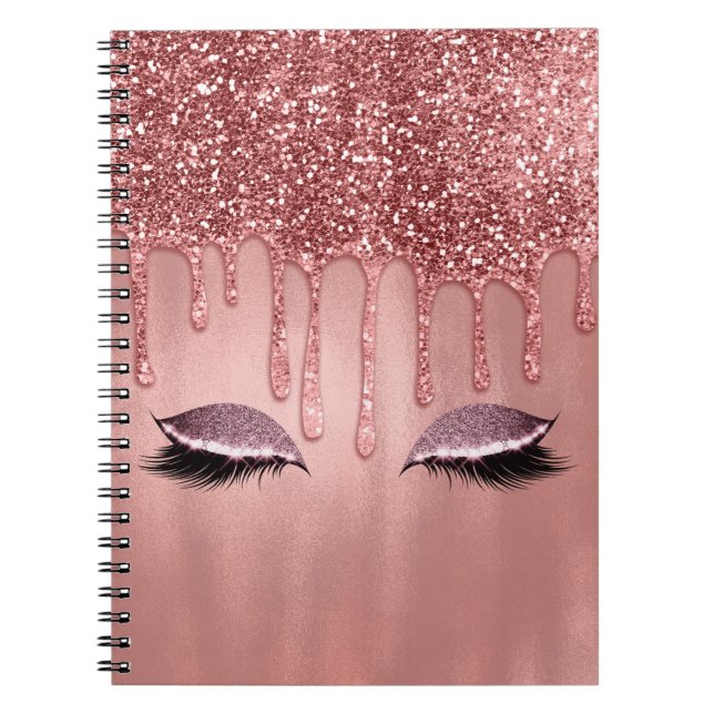 Dripping in Rose Gold Glitter Pink Drips Lashes Notebook (Front)