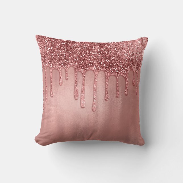 Dripping in Rose Gold Glitter Pretty Pink Drips Cushion (Front)