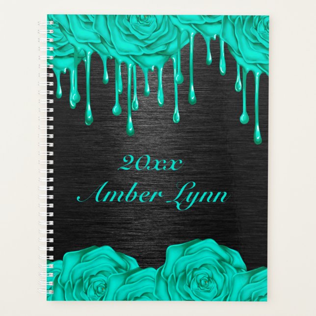 Dripping Light Teal Rose Custom Planner (Front)