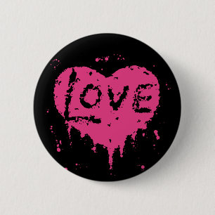 Dripping love heart black and hot pink 6 cm round badge