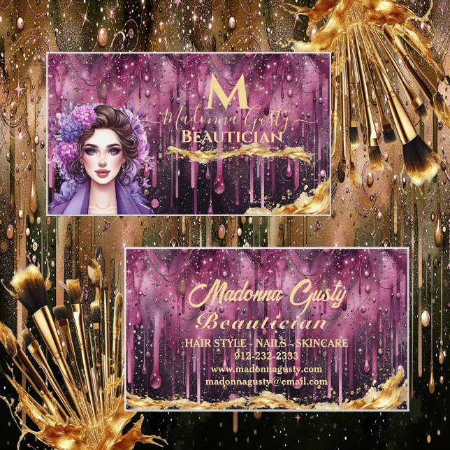 Dripping Magenta Gold Monogram Beauty Hair Stylist Business Card (Dripping Magenta Gold Monogram Beauty Hair Stylist Business Card)