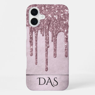 Dripping Mauve Glitter Dusty Pink Melt Monogram iPhone 16 Plus Case