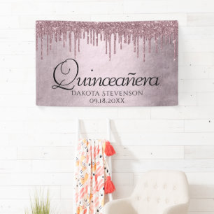 Dripping Mauve Glitter Dusty Pink Quinceanera Banner