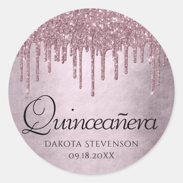 Dripping Mauve Glitter | Dusty Pink Quinceanera Classic Round Sticker (Front)