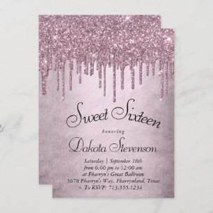 Dripping Mauve Glitter   Dusty Pink Sweet Sixteen Invitation